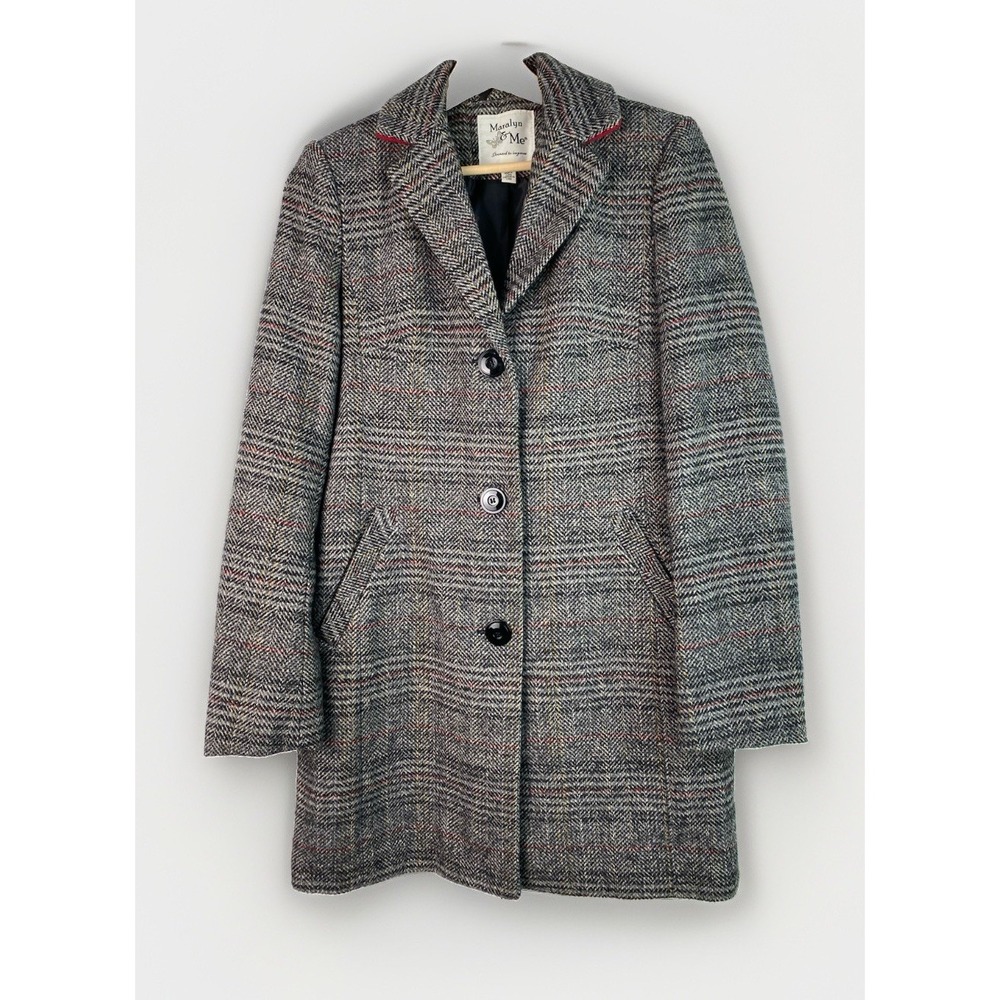 Maralyn & Me Women's S Gray Tweed Lined Plaid Mid Length Button Up Coat